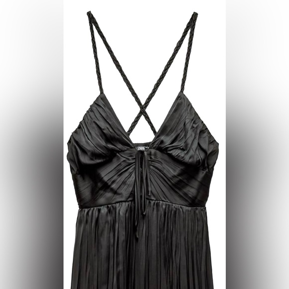 ZARA New Black Open Back Slip Satin Effect Dress WOMEN'S Deep V-neck XS Midi - Picture 3 of 8